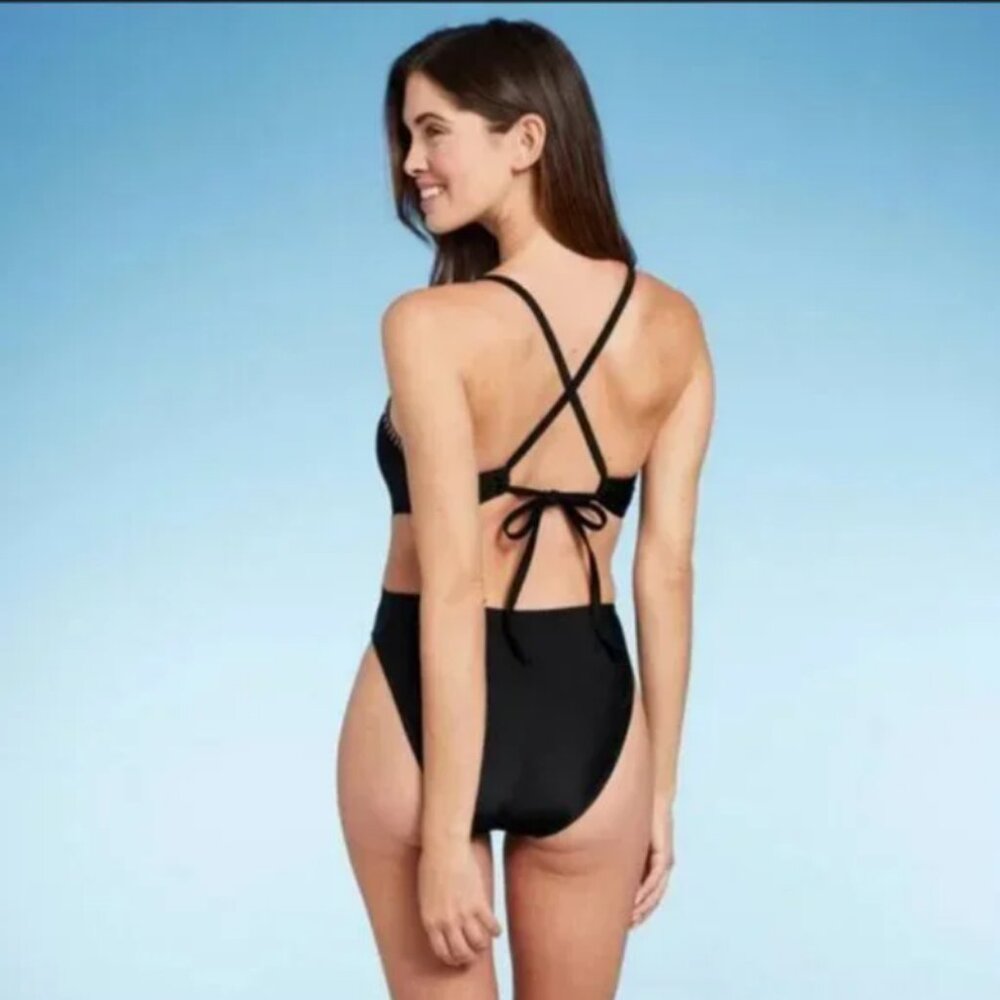 Women's Plunge Bead Detail Extra High Leg One Piece Swimsuit - Shade & Shore M - Picture 6 of 7